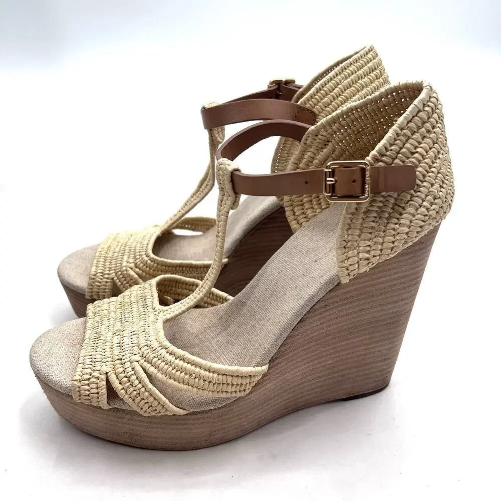 Tory Burch Natural Tan Beige Rattan Carina High Wedge Sandals Womens 8